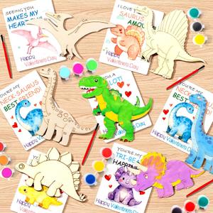 xFFFun Valentines Day Gifts for Kids - 28 Pack Dinosaurs Wood Painting Craft Kits with Dino Valentines Cards School Classroom Valentine Gifts Boy Girl Exchange Party Favors Bulk