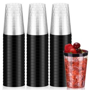 Norme 50 Pcs 12 oz Plastic Cups Disposable Cups 12 oz Plastic Glasses Clear Tumblers with Rim for Birthday Wedding Party Elegant Wine Coffee Cocktail(Black)