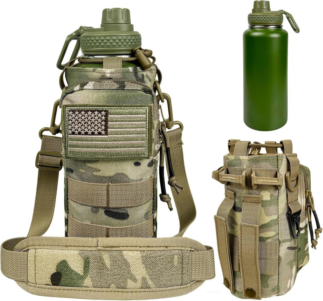 32 oz Insulated Water Bottle with Sleeve - Tactical Stainless Steel Gym Water Bottles for Men, Sports Bottle for Hiking Camping Outdoor with Camo Pouch
