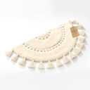 Boho Bathroom Rugs - Half Circle Cotton Mat with Crochet Insert and Tassels - Non-Slip Bohemian Rug for Bath, Bedroom or Entryway - Neutral Cream Decorative Rug - 42x22 Soft Machine Washable (Off-white)
