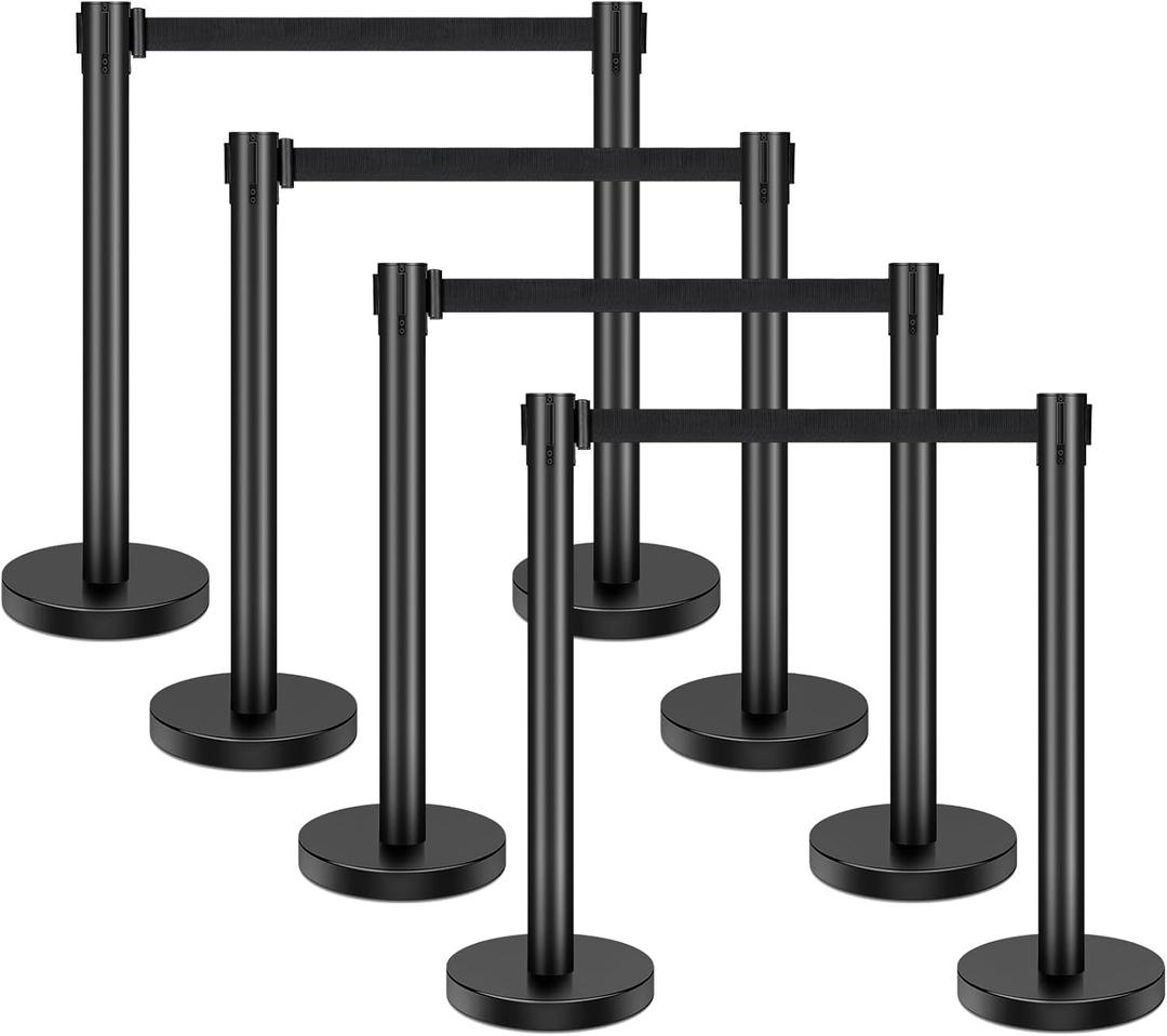 XPCARE Crowd Control Stanchion, 8 Pieces Stanchion Set with 6.6ft/2 m Black Retractable Belt, Stanchion Retractable Belt Barriers, Black Crowd Control Barrier Metal Base, Easy Connect Assembly