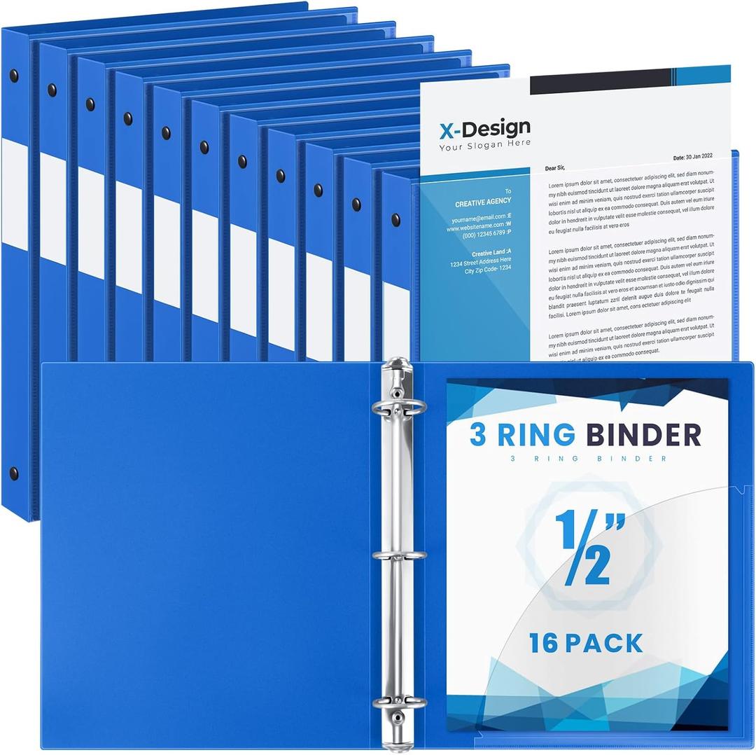 Henoyso 16 Pack 1/2 Inch 3 Ring Binder with Clear Cover Fit Letter Size 8.5" x 11" Paper Holds 140 Sheets, Bulk Binders for Organizing School, Office & Classroom Documents, 1 Pocket (Blue)