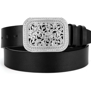 Women Men Western Genuine Leather Belt Cowgirl Cowboy Floral Engraved Tooled Belt Strap Embossed Scrollwork Buckle (Fit waist 29-32 inch)
