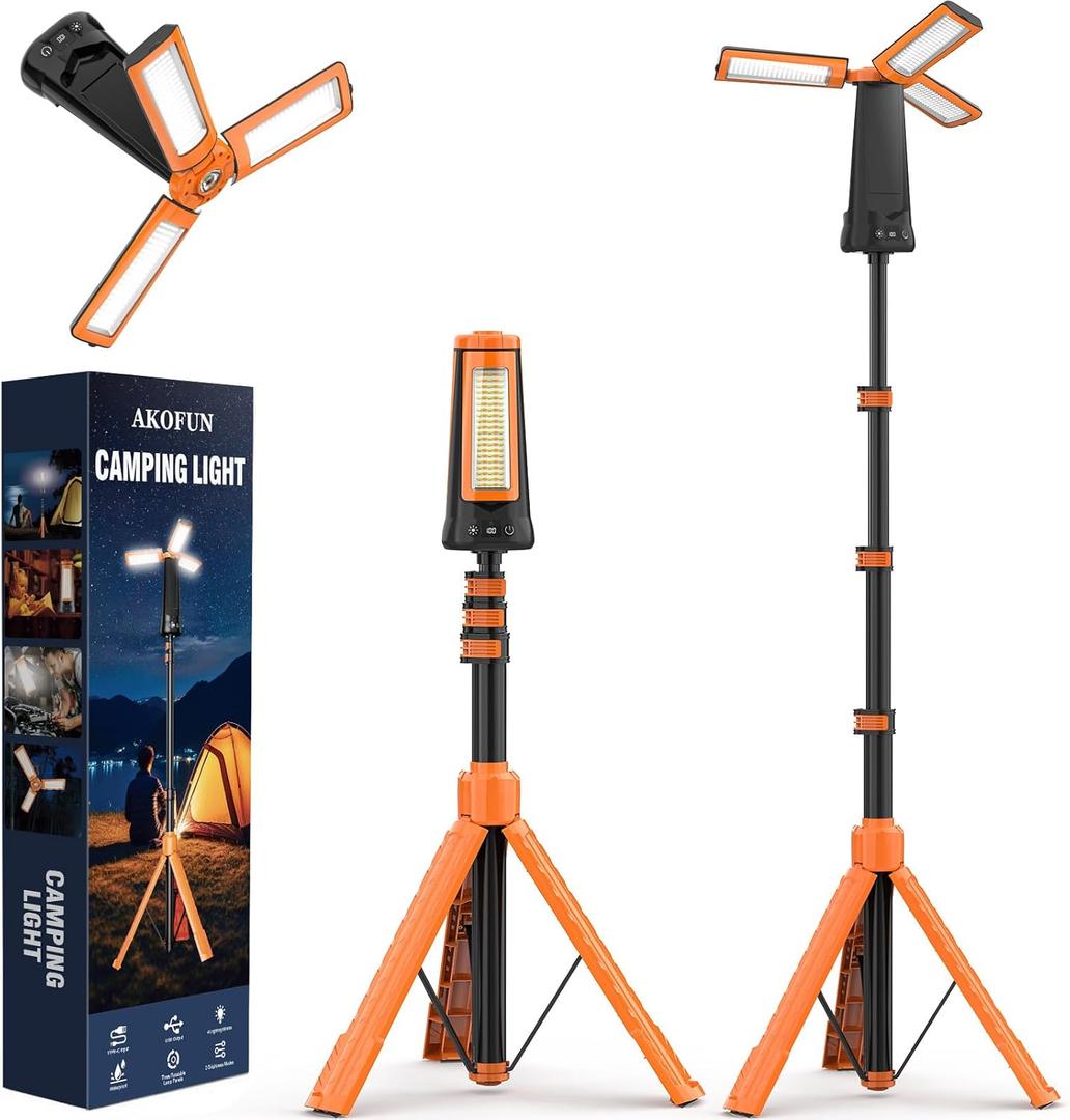 AKOFUN 15000 mAh Rechargeable Camping Light with Stand, Cordless Work Light with 3 LED Lamp Heads, 5500 Lumens Dimmable Camping Essentials Gear Emergency Flashlight with 86" Detachable Tripod, Orange
