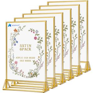 6 Pack Acrylic Sign Holder 5 x 7 Inchs, Double Sided Gold Picture Frame Stand up Table Top Sign Holders, Clear Display Stand Menu Flyer Holder for Wedding Party