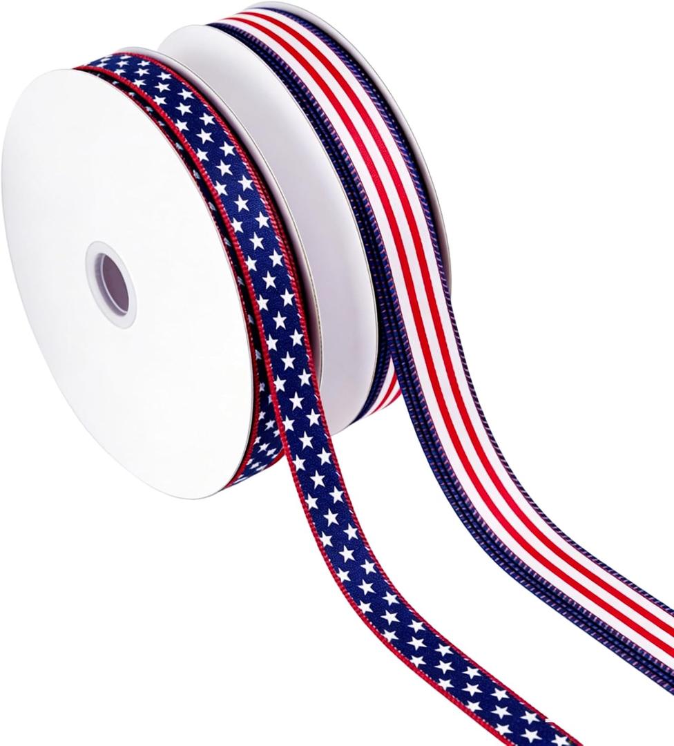 Songye 1 Inch Patriotic Wired Ribbon, 2 Rolls Total 20 Yards Red White Blue Star Stripe Ribbon for 4th of July Independence Day Veterans Day Wreath DIY Crafts Holiday Decor