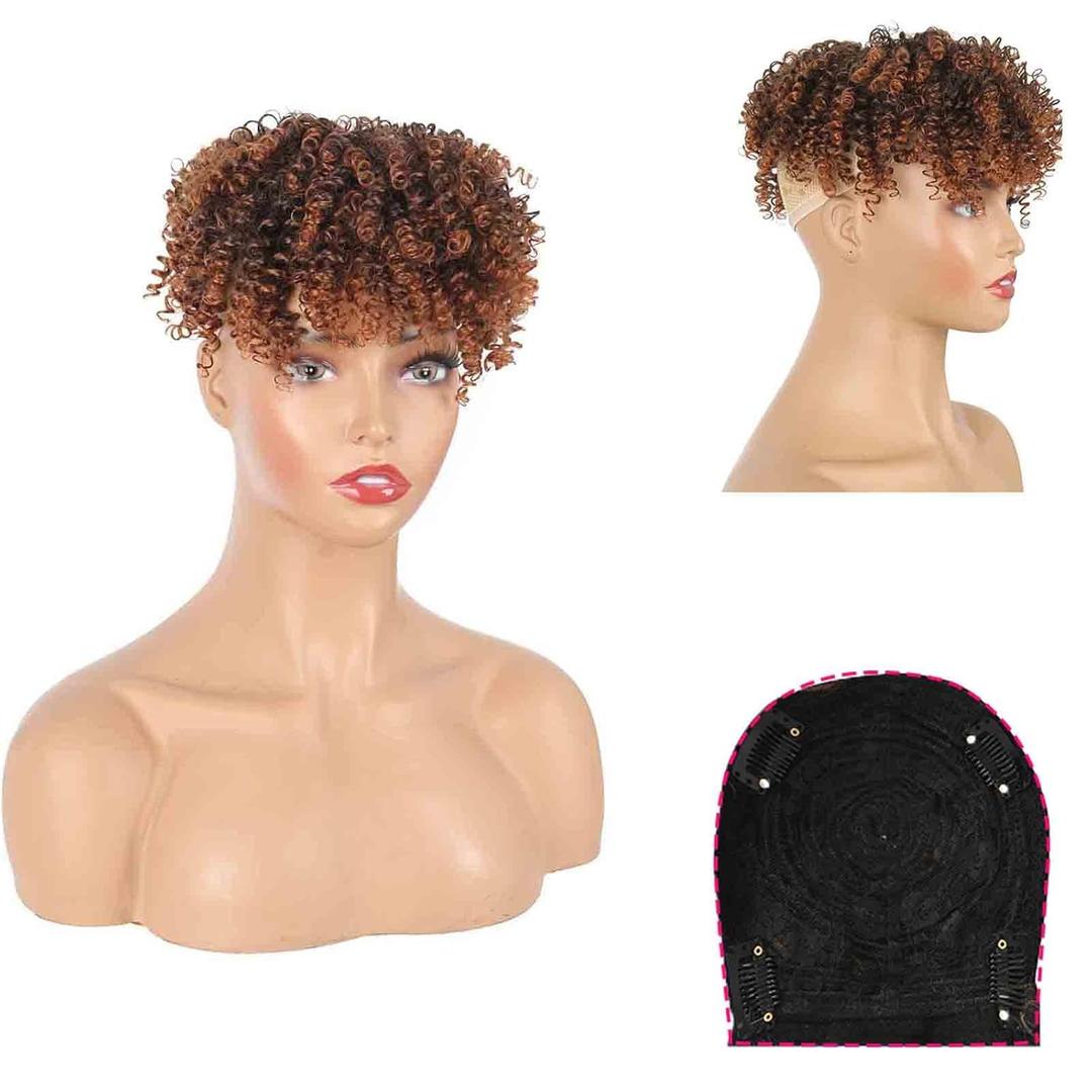 Afro Kinky Curly Toppers for Women - Synthetic Ombre Brown Top Hair Pieces Clip on With Bangs, Convertible Toupee & Tooper for Thinning Hair, Short Curly, 30#