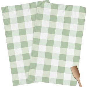 Sage Green Plaid Kitchen Towel White Dish Cloths Set of 2, Microfiber Soft Minimalism Buffalo Check Hand Towels, Modern Gingham Pattern Absorbent Quick Drying Dishcloths for Bath Sink 18 x 28 Inches