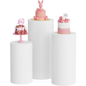 Putros Cylinder Pedestal Covers White 3Pcs Spandex Cylinder Plinth Stand Cover for Party Wedding Props Event Decor (Set of 3)