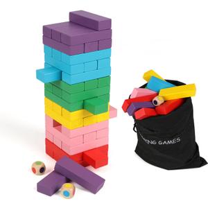 Wooden Blocks Stacking Games, 48PCS Tumbling Stacking Blocks Game for Kids and Families, Wood Colorful Balancing Blocks Montessori Toys for Kids with Storage Bag