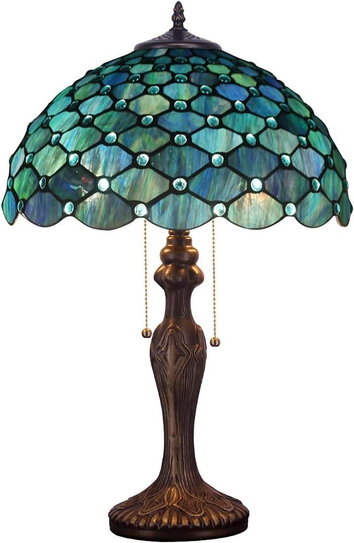 ZJART Tiffany Table Lamp Stained Glass Lamp 16X16X24 Inch Antique Standing Reading Light Living Room Office Bedroom (Sea Blue Pearl)