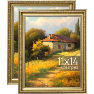 Upsimples 11x14 Picture Frame with Real Glass, Ornate Vintage 11 x 14 Photo Frames for Wall Decor, Gold, 2 Pack