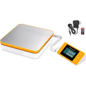 Fuzion Shipping Postal Scale - Package Scale 110LB x 0.1oz, Large LCD Display, 5 Units, Digital Scale for Packages, Postage - Dual Power Supply (Batteries & Adapter) (Orange+White)
