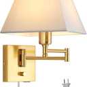 Wall Mounted Lamp Plug in Wall Sconce with Dimmable Switch Swing Arm Wall Lamp Whire Fabric Shade with USB Port Gold Wall Sconce Suitable for Hallway Bedroom Living Room