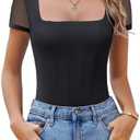 Avidlove Women's Short Sleeve Bodysuits Sexy Square Neck Body Suit Mesh Double Lined Tshirt Leotard Tops Going Out Black XXL