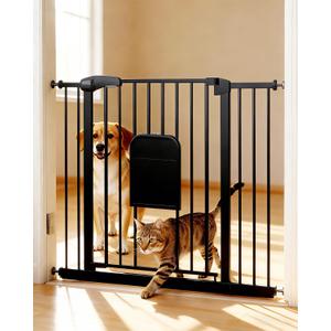 Pet Gate with Adjustable Cat Door, 31–46 Inch Pressure Mounted Dog Gate for Doorways, Stairs and Hallways, Auto Close Walk Through Metal Gate, No Drilling, Black, 29x30 inches