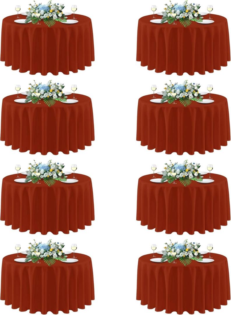 Sancua Thanksgiving Round Tablecloth 90 Inch Diameter, 8 Pack Burnt Orange Circle Polyester Fabric Fall Table Cloth for Holiday Party Reception, Washable Table Cover (Fit 30-72 Inch Tables, Rust)