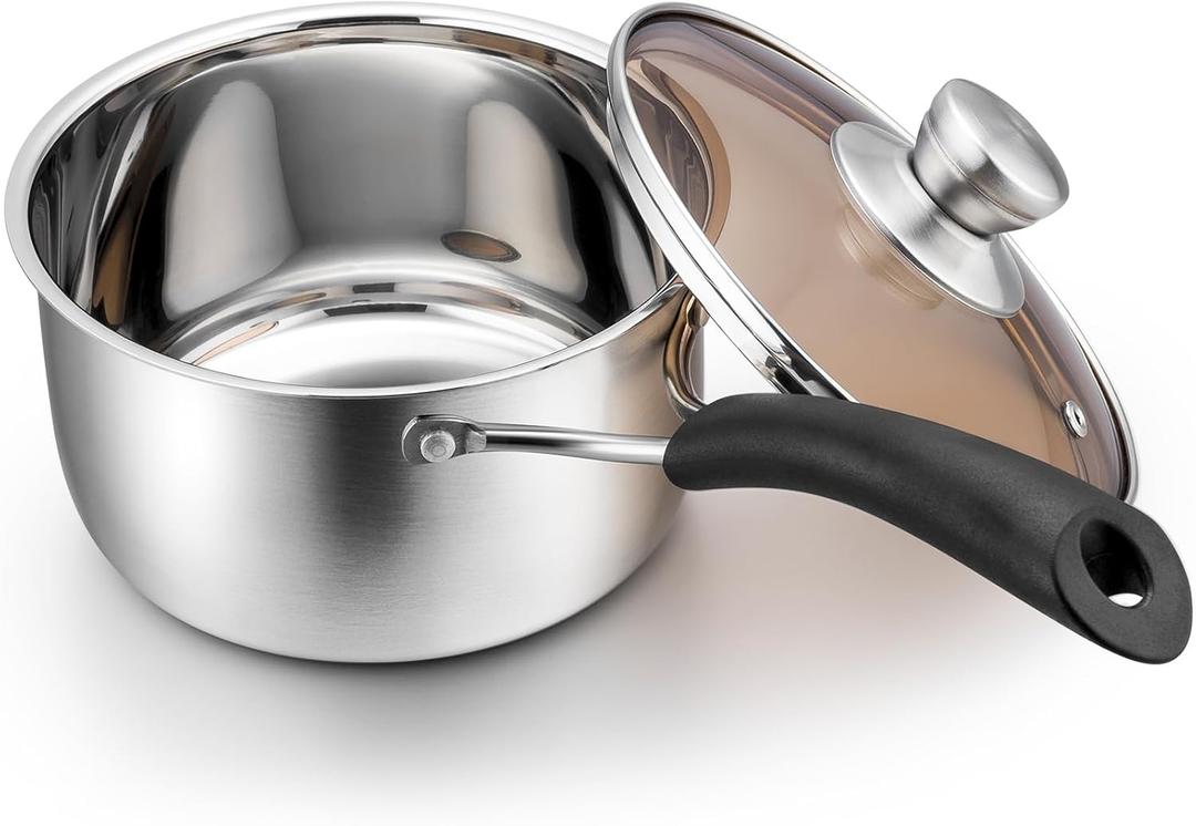 P&P CHEF 2 Quart Saucepan Small Pot, Stainless Steel Saucepan with Lid, Small Sauce Pan for Home Kitchen Restaurant Cooking, Visible Glass lid & Bakelite Heat-Proof Handles, Dishwasher Safe, 1 Pc
