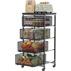 4-Tier Fruit Vegetable Storage Cart - Kitchen Organizer and Storage Cart with Wheels, Wooden Top Metal Wire Fruit Vegetable Rack Stand with Drawers to Storage Cans Snacks for Kitchen(Patent Pending)