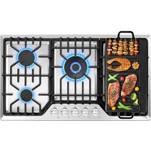 36 inch Gas Cooktop with Grill/Griddle, Gas Stove Top with 5 Italy Sabaf Sealed Burners, Max 48,300 BTU Built-in Gas Stove, 304 Stainless Steel Propane Cooktop, NG/LPG Convertible, CSA Certified