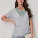 Womens Tops Summer Sweaters Short Sleeve Patchwork V Neck Henley Shirts 2026 Dressy Casual Business Tunic Blouses (Gray, XXL)