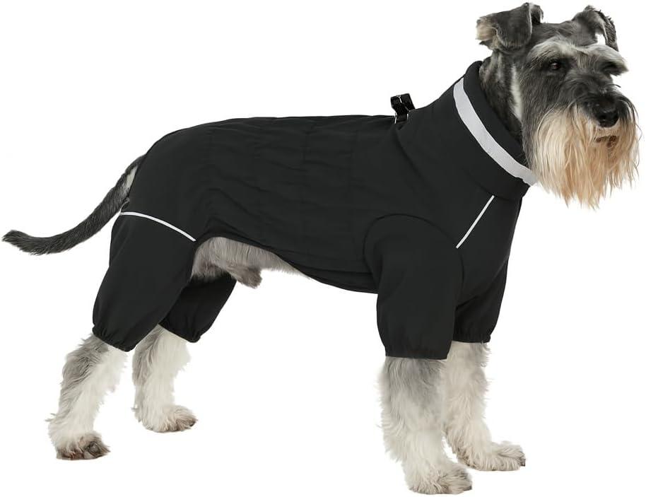 Winter Waterproof Dog Snowsuit  Full Body Outdoor Jacket with Leash Ring, Fleece Lining, Windproof Reflective 4-Leg Dog Coat for Small to Large Dogs Black L (L (Back Length 15.5"))