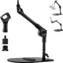 Lifexciting Desktop Microphone Stand with Mic Clip Metal Weighted Base Max Load 2.2 lb Adjustable Mounting Arm Desk Mount Stand for Mics Cameras Webcams for Recording Podcasting Streaming