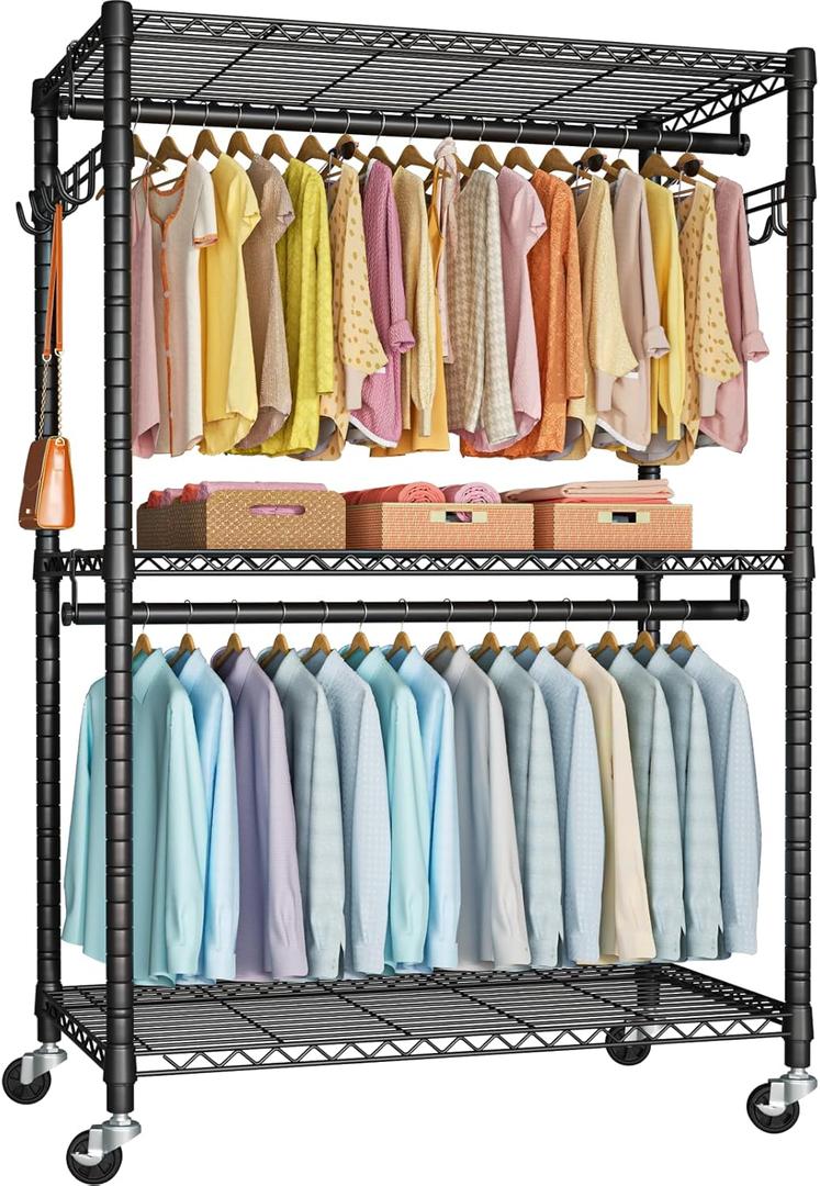 P1 Plus Rolling Clothes Rack, 22mm Diameter Heavy Duty Garment Rack with Wheels, Portable Closet Wardrobe with Double Rods, 45" W x 17.7" D x 80.5" H, Max Load 524 LBS, Black