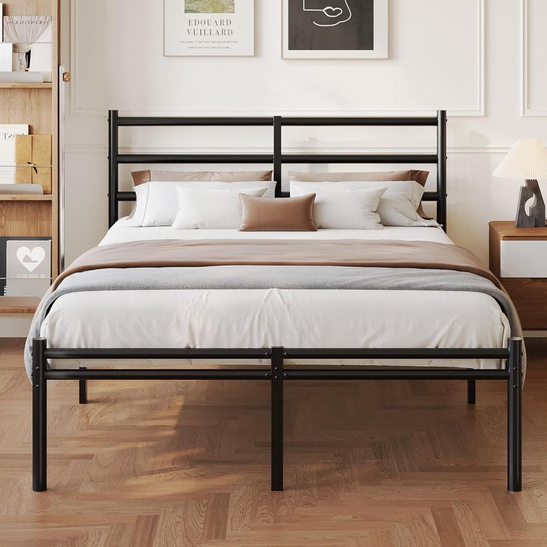 Full Size Bed Frame with Headboard and Footboard, 14 Inch Metal Platform Full Bed Frame with Steel Slat Support, No Box Spring Needed, Noise Free, Easy Assembly, Black