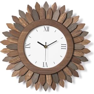 Honiway 14 Inch Wall Clocks Battery Operated Silent Non Ticking Rustic Wood Boho Sunburst Decorative Wall Clock for Living Room Kitchen Bedroom Farmhouse Office Decor (Tricolor-Roman Numerals)