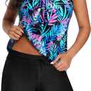 Aqua Eve Two Piece Women's Tankini Swimsuits Blouson Swim Tank Top with Shorts Modest Bathing Suits Blue Pink Leaves, M