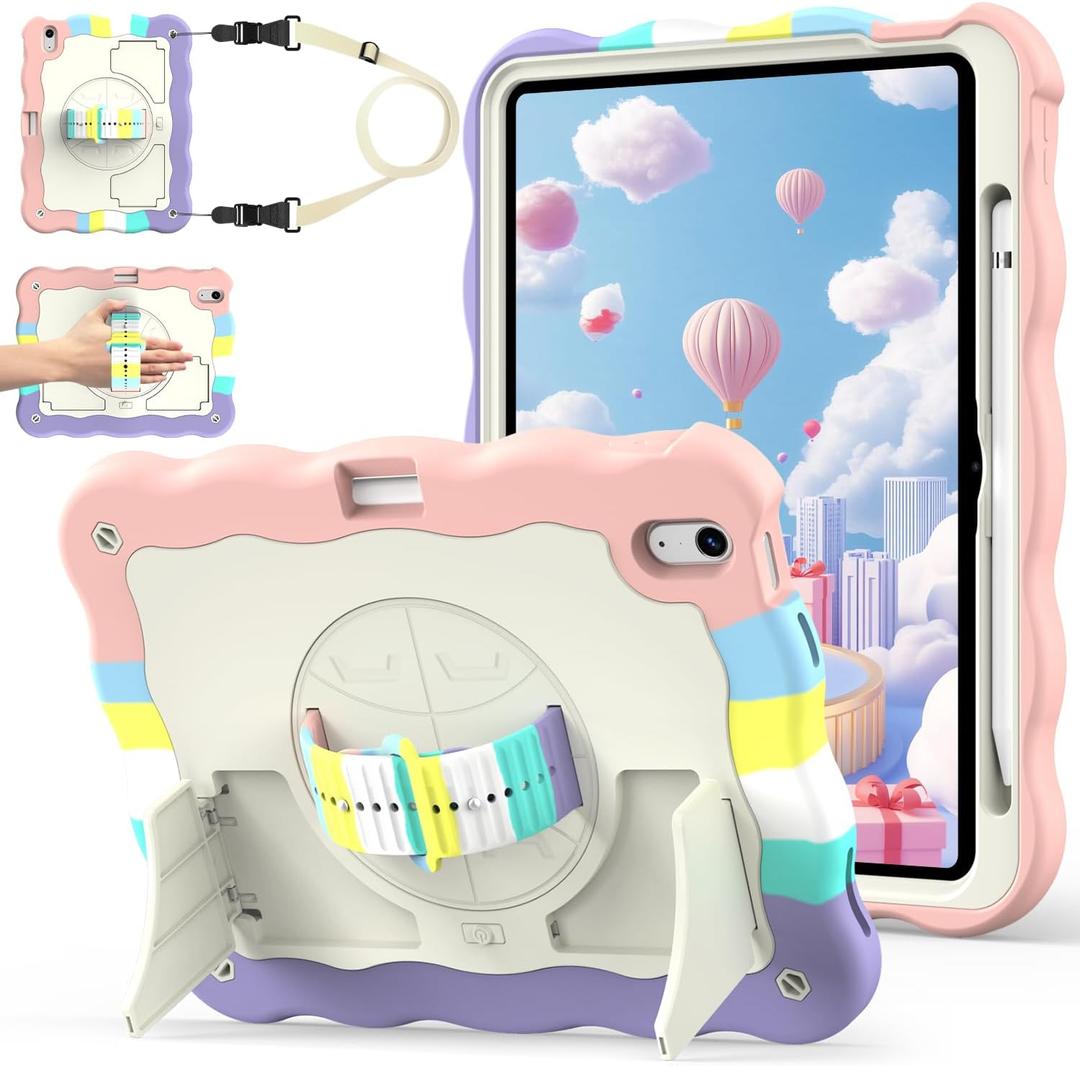 for iPad A16 11th Generation 2025 / 10th Gen Case 2022, for 11 Inch / 10.9 Inch iPad Case Heavy Duty Cover Shockproof with Pencil Holder [360 Rotate Strap] & Stand, Camouflage (#04 WHITE+CAMO)