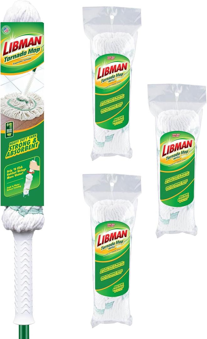 Libman Tornado Self Wringing Mop & 3 Refills - Cotton Mop Head, Machine Washable, 4 Total Heads