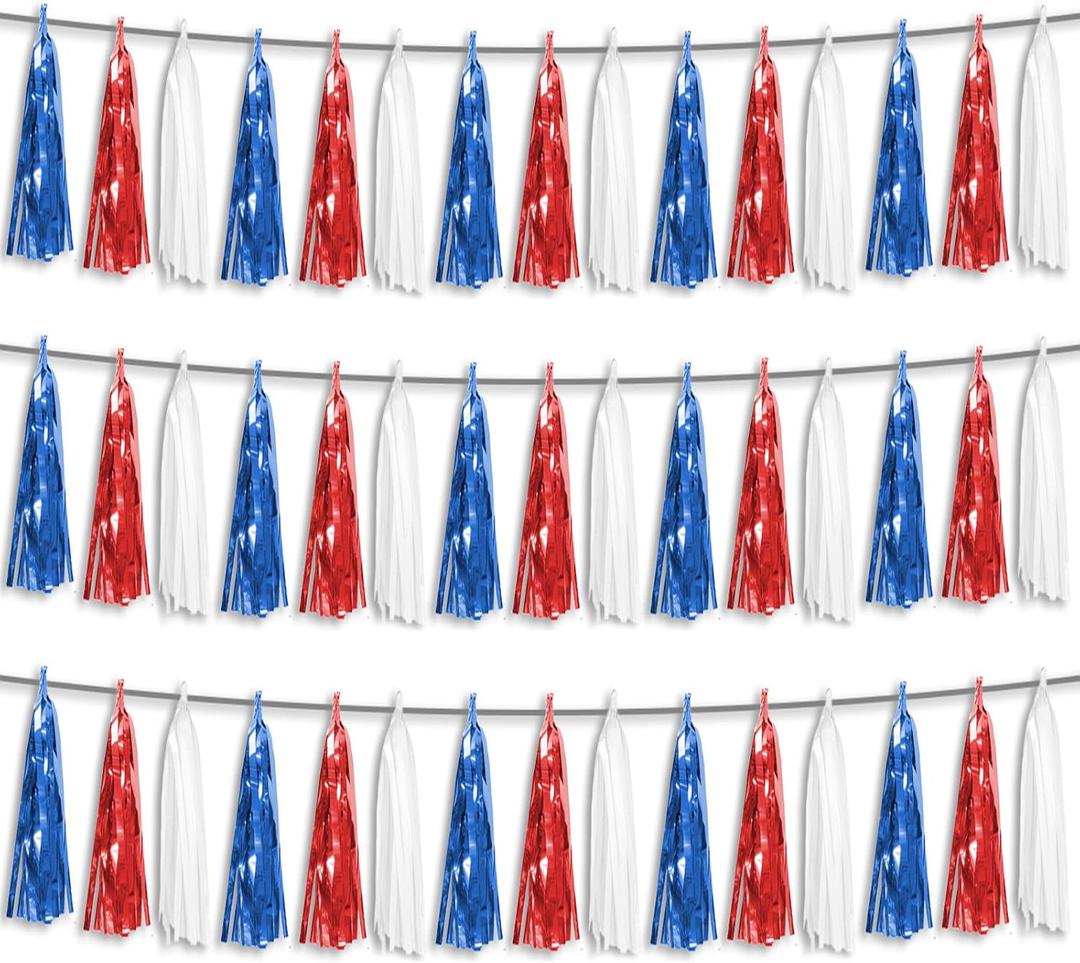 3P Red Blue White Foil Fringe Metallic Tassel Streamers Banner Tassel Garland for Parade Floats, Bachelorette, Wedding, Birthday, Halloween, Christmas, Bridal/Baby Shower Party Decorations
