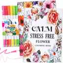 Liliful 2 Pcs Adult Coloring Book Set Motivate and Flower Coloring Book for Adults with 24 Colors Markers Relaxation Anxiety Relief Gifts with 30 Patterns for Cancer Chemo Care Supplies Gifts