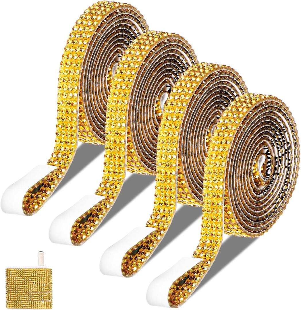 4 Rolls Adhesive Rhinestone Strips, Gold Rhinestone Ribbon Self-Adhesive, Bedazzling Strips Crystal Tape for Wedding Birthday Party Supplies DIY Crafts Phone Shoes Home Decoration(Gold)