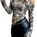 SOLY HUX Women's Y2k Camo T Shirt Off The Shoulder Long Sleeve Ruched Tee Asymmetrical Hem Tops Multicoloured Maple Leaf Small (S)