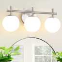 3-Light Bathroom Light Fixtures, Brushed Nickel Vanity Lights for Bathroom with Milky White Ball Shades, 18.9 inch Bathroom Lighting Fixtures Over Mirror, Wall Sconce for Bedroom (Bulb Not Included)