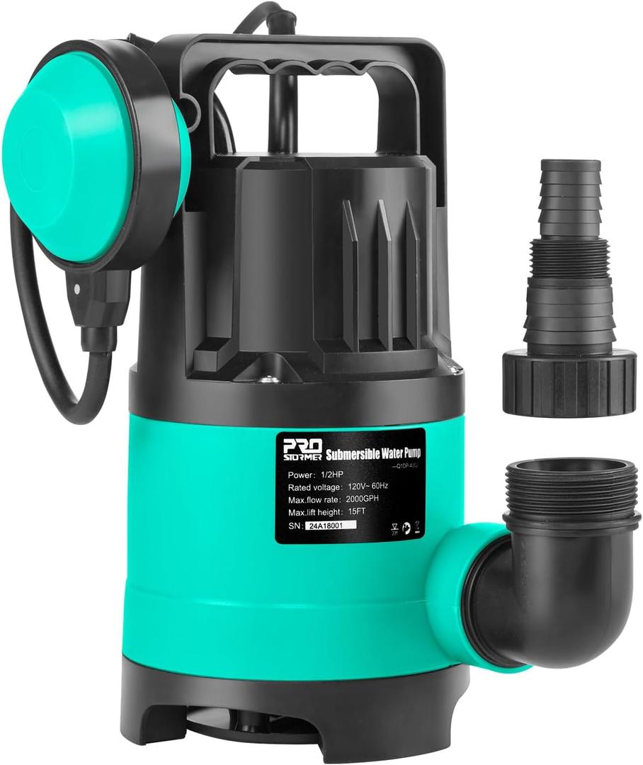 Sump Pump 2000GPH, Prostormer 1/2 HP Submersible Water Pump with Automatic Float Switch, Portable Utility Pump for Pool, Garden, Pond, Basement, Flood Drainage (Green)