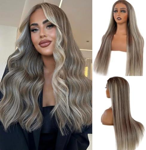 13x6 HD Lace Frontal Wigs Balayage Blonde Human Hair for Women 150% Density 24 Inch Real Hair Pre Plucked LIght Bleached Tiny Knots Highlight Lace Front Wigs Wlanut Brown Mixed 613 Blonde Wigs