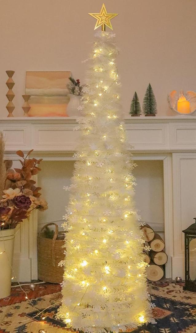 HMASYO 5 FT Pop Up Christmas Tree with Timer Lights, White Tinsel Christmas Tree with Snowflake Ornaments, Collapsible Artificial Pencil Tree Xmas Decoration for Home, Office, Easy Assembly