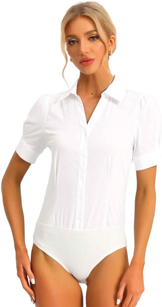 Allegra K Women's Bodysuit Button Down Work Shirt Collared Short Sleeve Tops Business Casual Body Suit Blouse (White, S)