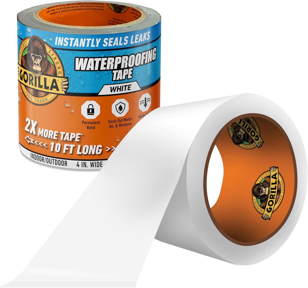 Gorilla Waterproof Patch & Seal Tape, White Tape, 4" x 10' (Pack of 1) - Permanent Weather Resistant Seal for Leaks and Repairs