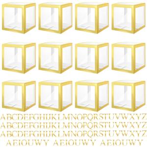 Thyle 12 Pcs Transparent Balloon Boxes Clear Balloon Boxes with 99 Letters for Baby Shower Gender Reveal Grad Birthday Party Bridal Wedding Anniversary Backdrop Decoration (Gold)