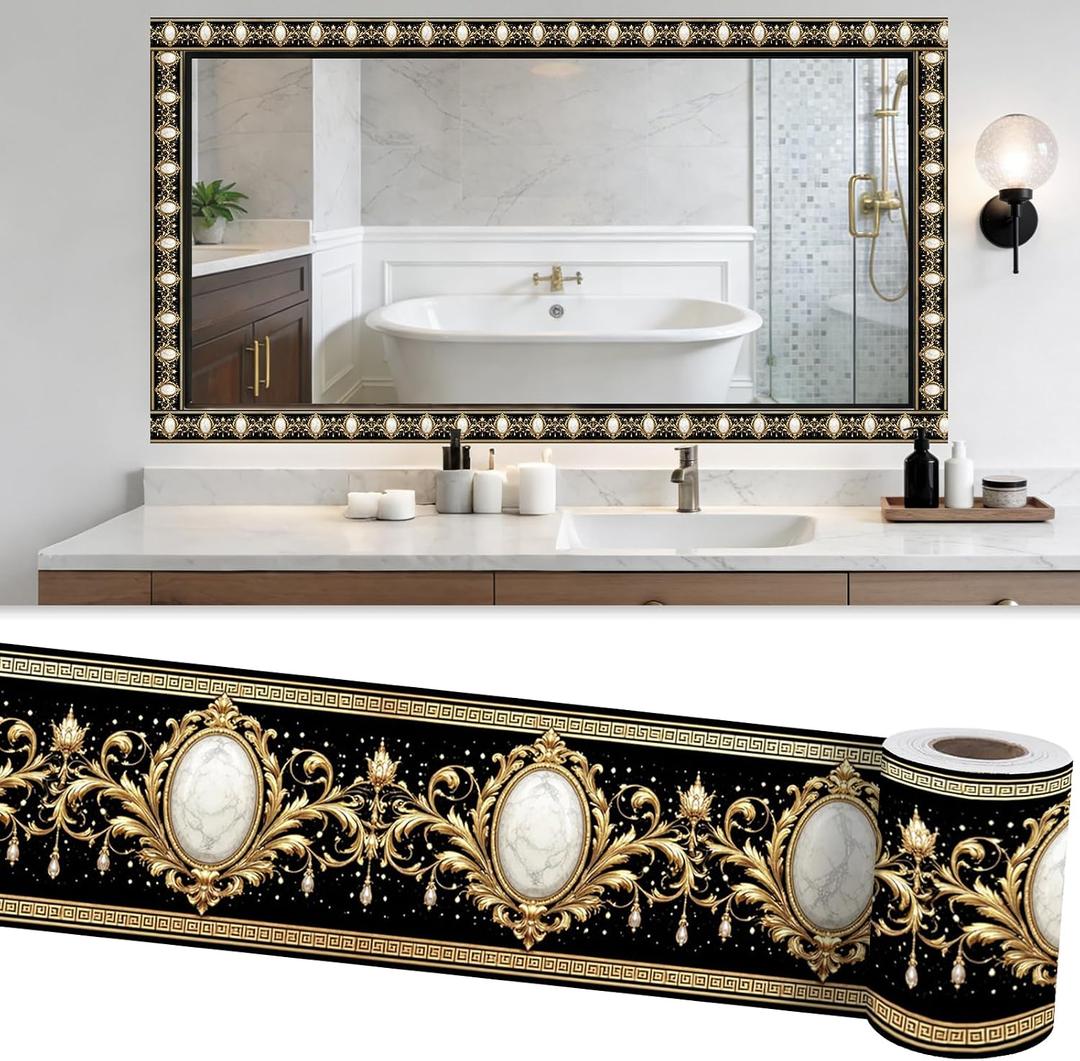 Wallpaper Border Peel and Stick 3.94"x196.85" PVC Self-Adhesive Removable Accent Trim for Bathroom Bedroom Kitchen (Gold Black Baroque Marble 2D Print)