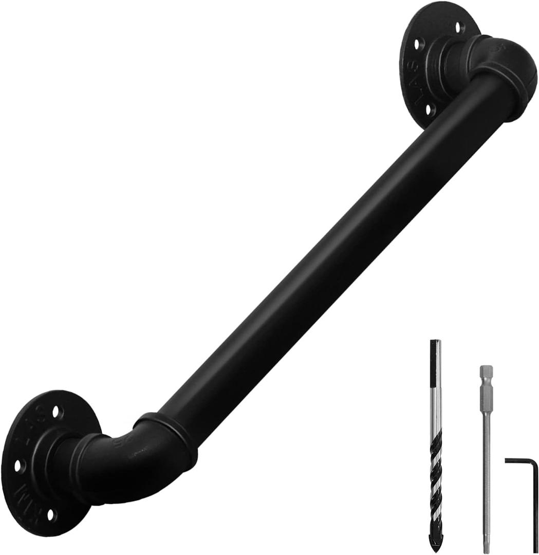 HouseAid 2FT Industrial Pipe Wall Handrail, Farmhouse Stairway Railing with 1-1/4 Inch Diameter Pipe, Vintage Style Stairs Handrail, Wall Mounted, Matte Black (2 ft)