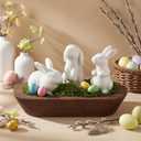 Bucherry 5 Pack Easter Bunny Decoration 3 Ceramic Bunny Figurines 1 Wooden Dough Bowl 1 Pack 50g Artificial Moss for Easter Party Table Centerpiece Corner Ornaments Home Display