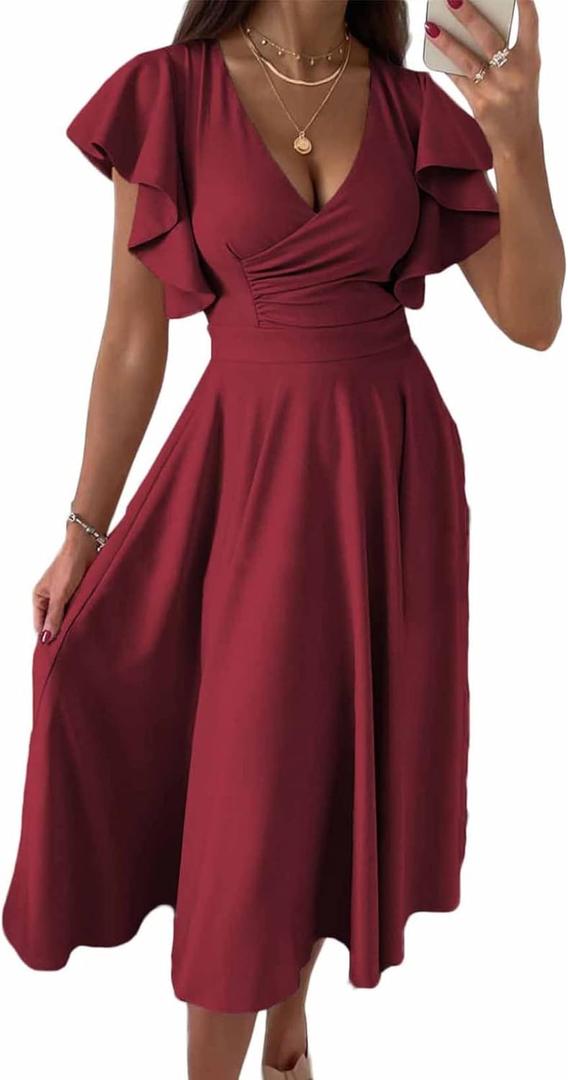 Dokotoo Women's V Neck Elegant Party Dress Short Sleeve Skater Dress Wedding Guest Dresses (Large, Red)