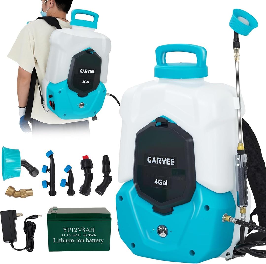 Garvee 4 Gallons Battery Powered Backpack Sprayer, 12V 8Ah Electric Sprayer with 6 Nozzles & 2 Wands, 4-6 Hour Runtime, 90PSI Adjustable Pressure, Trigger Lock, Yard Sprayers for Lawn and Garden
