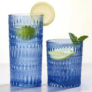 Glassware Drinking Glasses Set of 8, 14 oz Highball Glasses & 10 oz Ribbed Glass Cups, Vintage Glassware for Water, Juice, Cocktail, Whiskey (Blue)